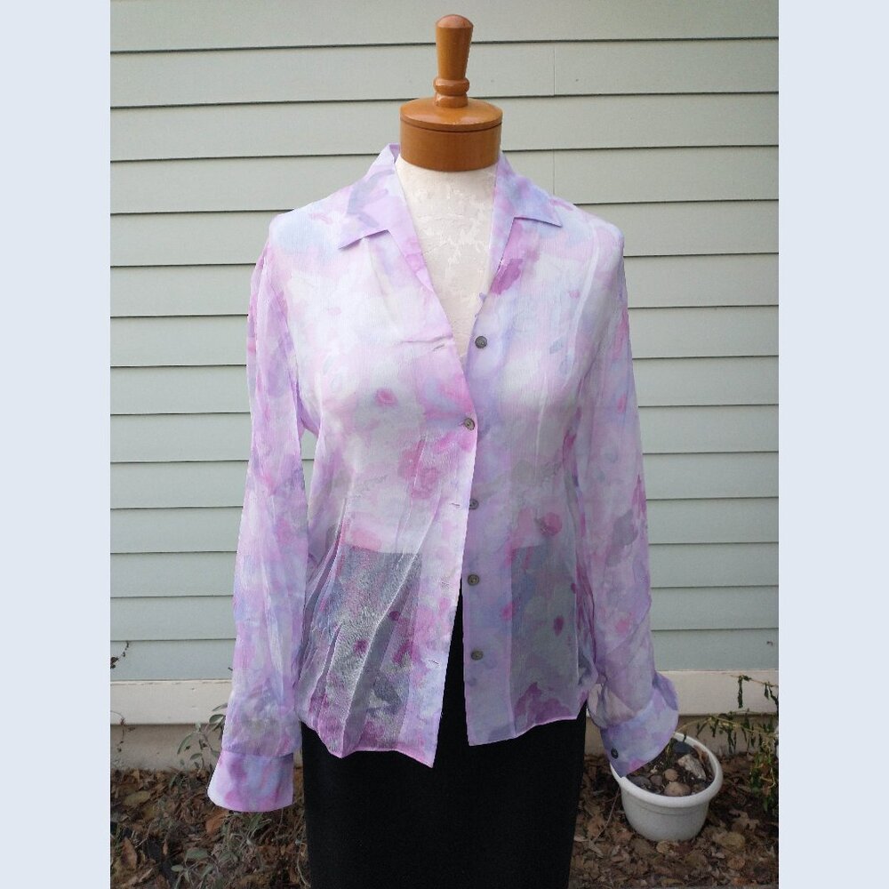 Blouse: Silk, floral white/purple. Loose size small - by Sigrid Olsen
